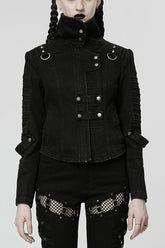 Schwarze verwaschene, dehnbare Jeansjacke mit schrägen Taschen für Damen im Distressed-Look